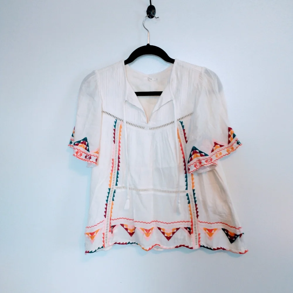 Tularosa Ingrid embroidered boho top from Revolve.  Has tassels in the front and